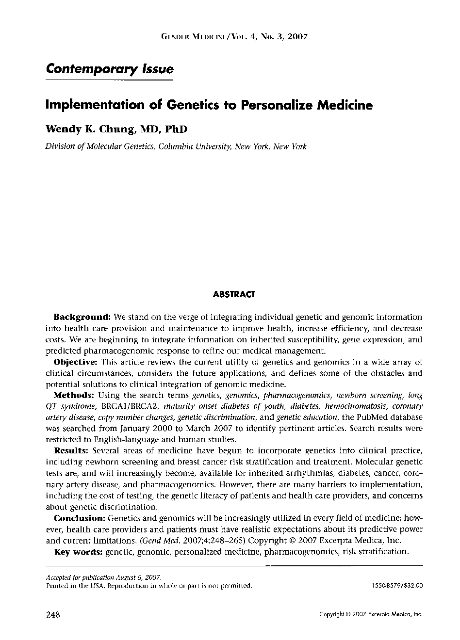 Implementation of Genetics to Personalize Medicine