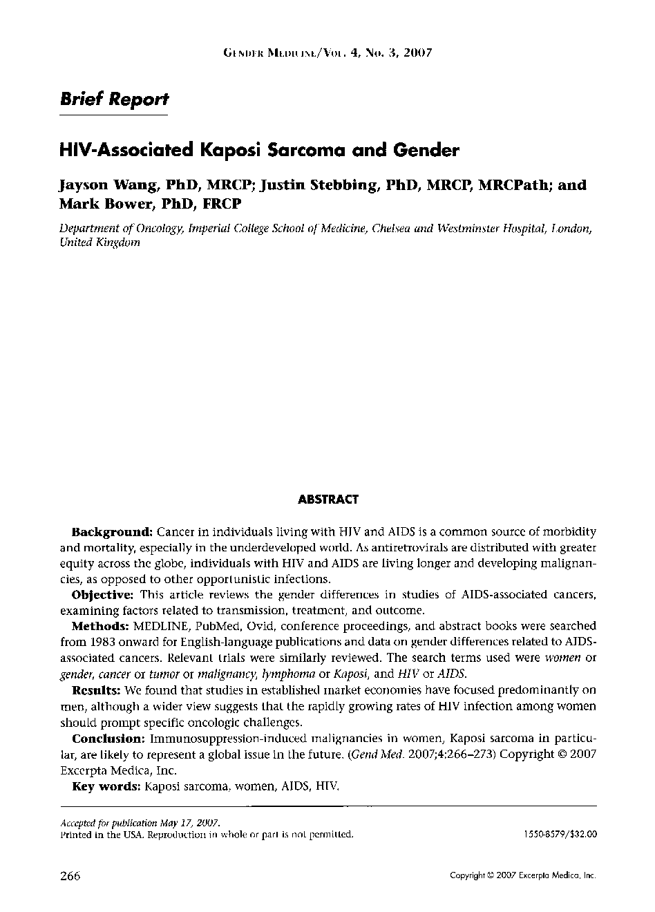 HIV-Associated Kaposi Sarcoma and Gender