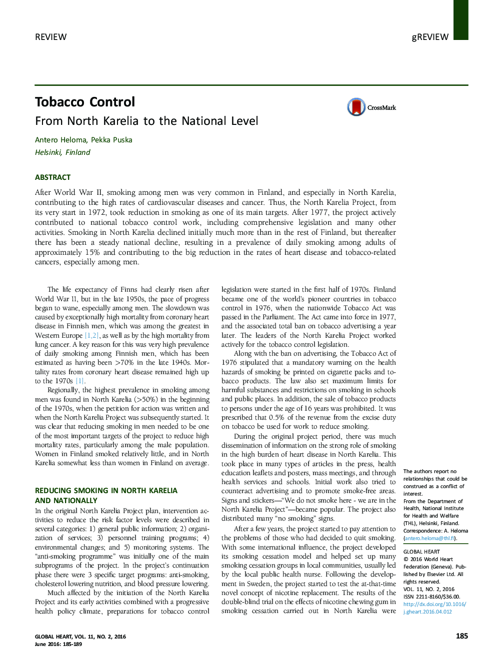 Tobacco Control : From North Karelia to the National Level