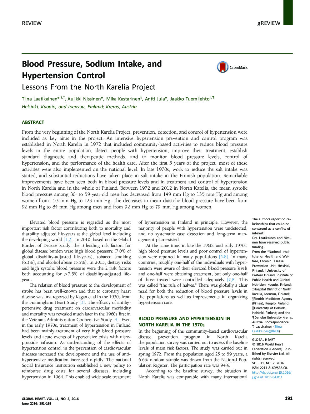 Blood Pressure, Sodium Intake, and Hypertension Control : Lessons From the North Karelia Project