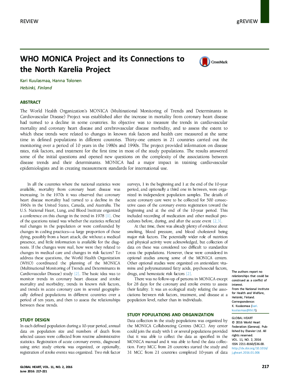 WHO MONICA Project and its Connections to the North Karelia Project 