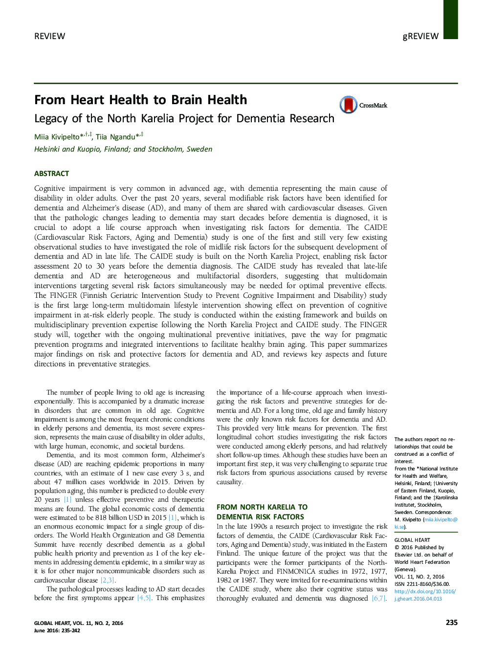 From Heart Health to Brain Health : Legacy of the North Karelia Project for Dementia Research