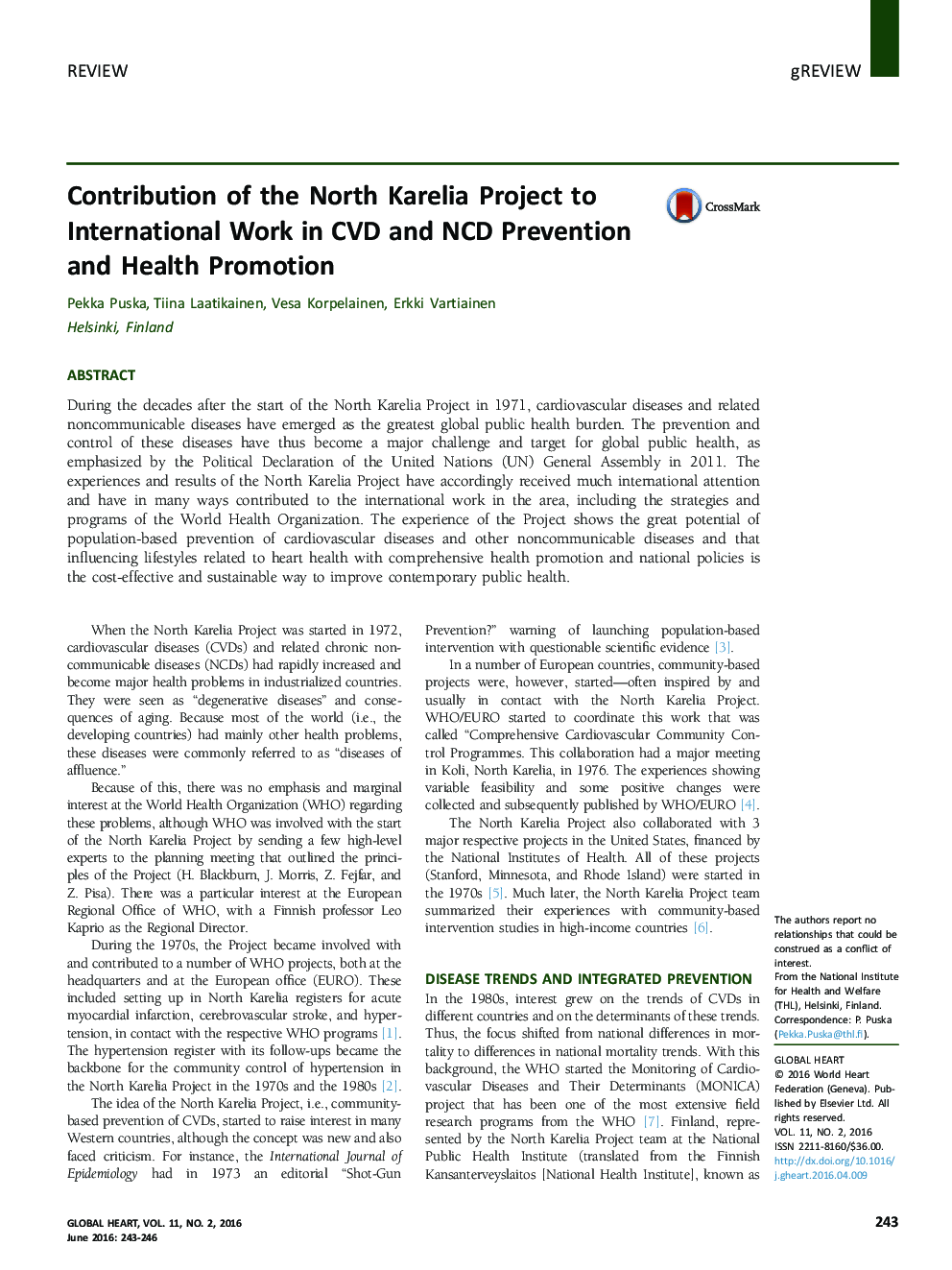 Contribution of the North Karelia Project to International Work in CVD and NCD Prevention and Health Promotion 