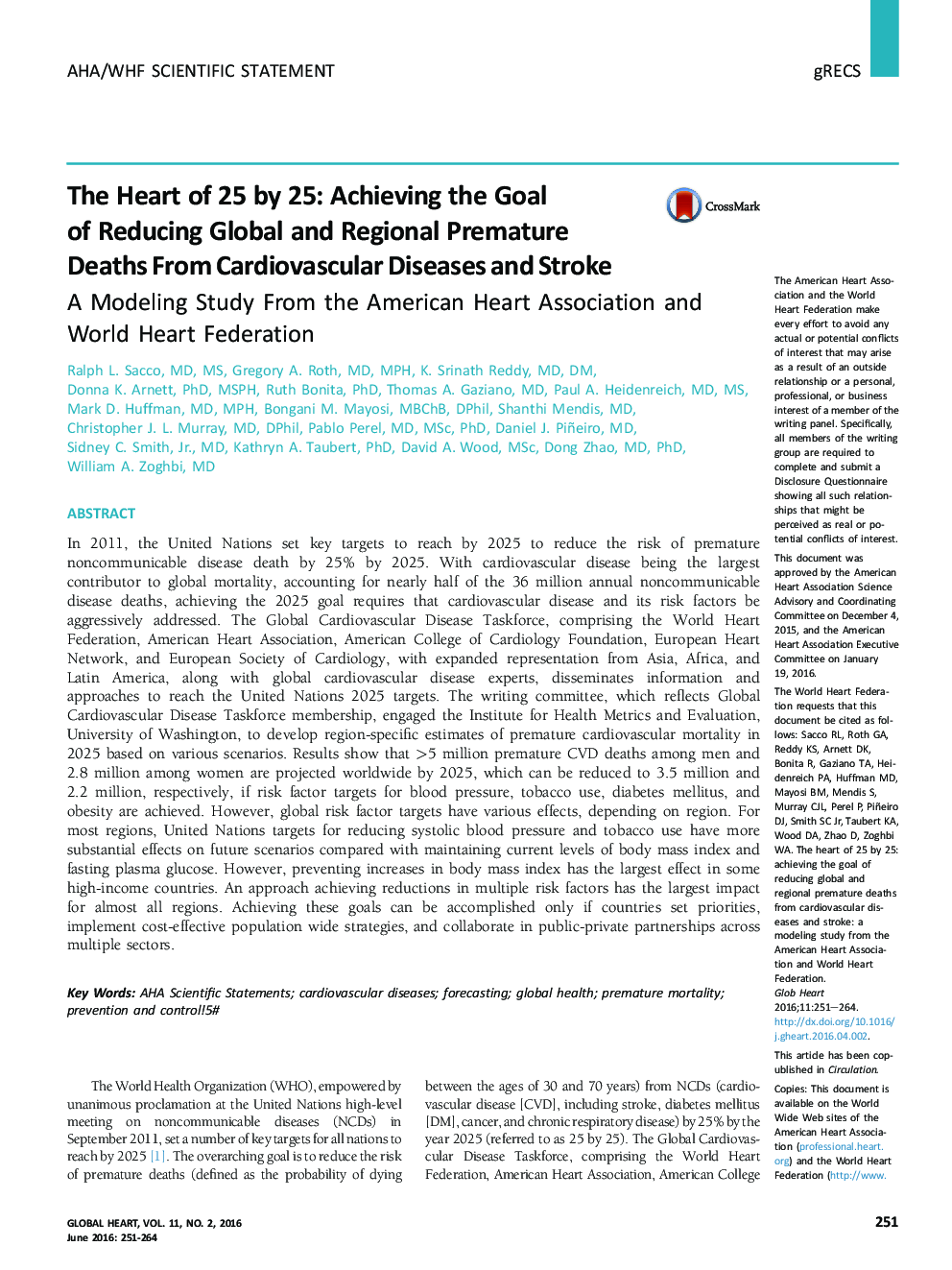 قلب 25 تا 25: دستیابی به هدف کاهش مرگ و میر ناشی از بیماری های قلبی-عروقی و سکته مغزی در جهان و منطقه: مطالعات مدلسازی از انجمن قلب آمریکا و فدراسیون قلب جهانی 