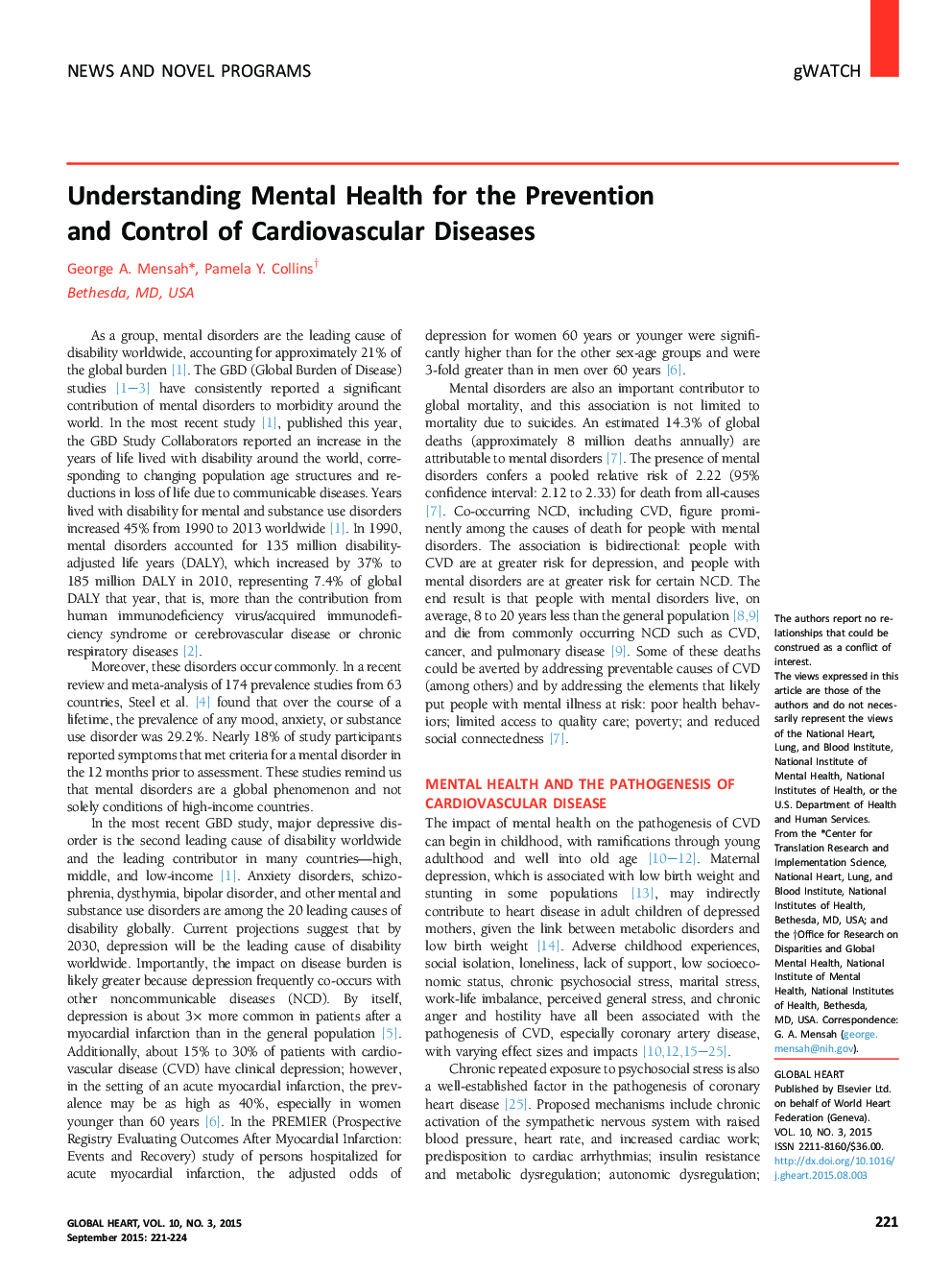 Understanding Mental Health for the Prevention andÂ Control of Cardiovascular Diseases