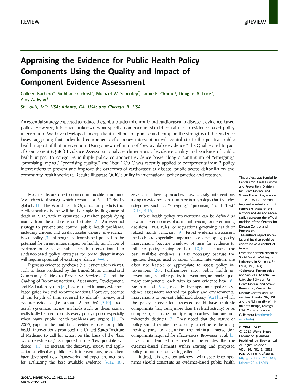 Appraising the Evidence for Public Health Policy Components Using the Quality and Impact of Component Evidence Assessment 
