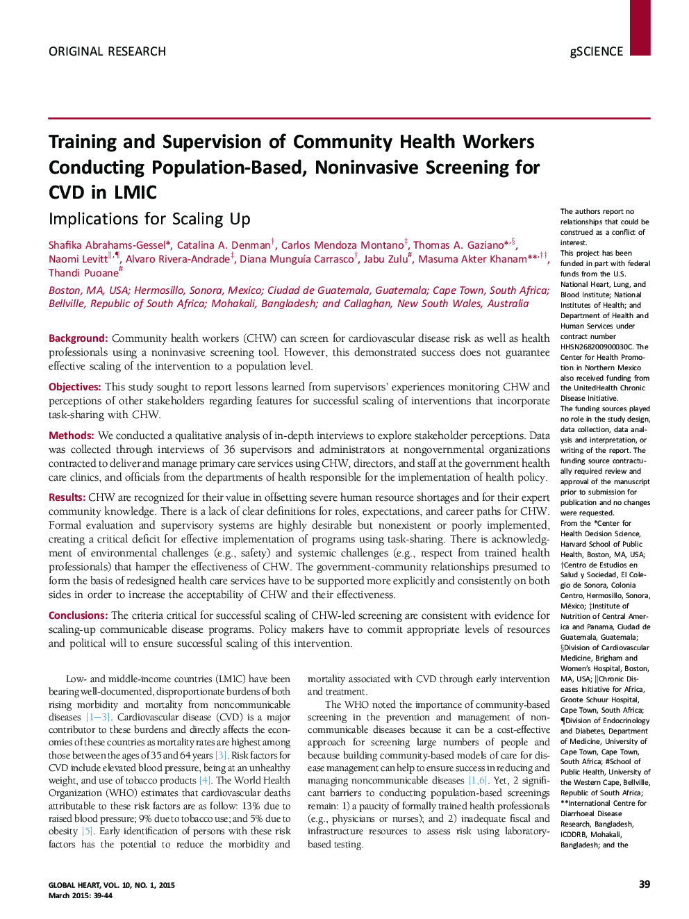 Training and Supervision of Community Health Workers Conducting Population-Based, Noninvasive Screening for CVD in LMIC : Implications for Scaling Up