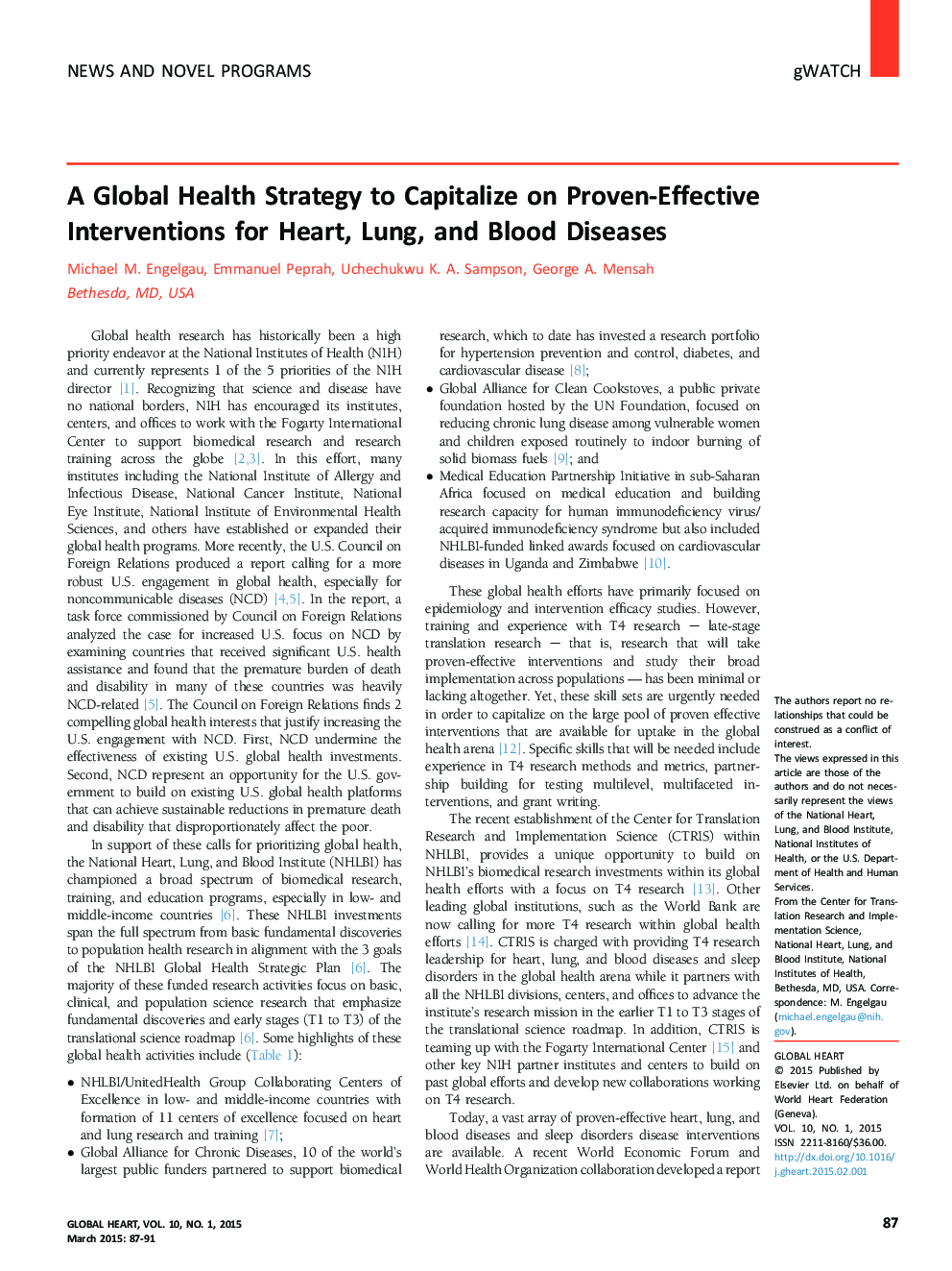 A Global Health Strategy to Capitalize on Proven-Effective Interventions for Heart, Lung, and Blood Diseases