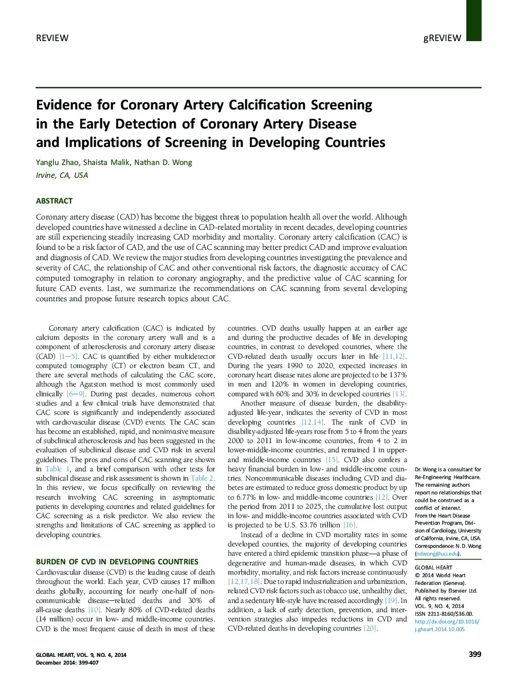 Evidence for Coronary Artery Calcification Screening in the Early Detection of Coronary Artery Disease and Implications of Screening in Developing Countries 