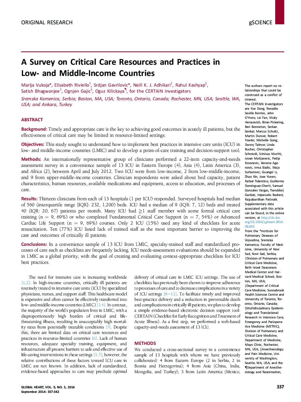 A Survey on Critical Care Resources and Practices in Low- and Middle-Income Countries