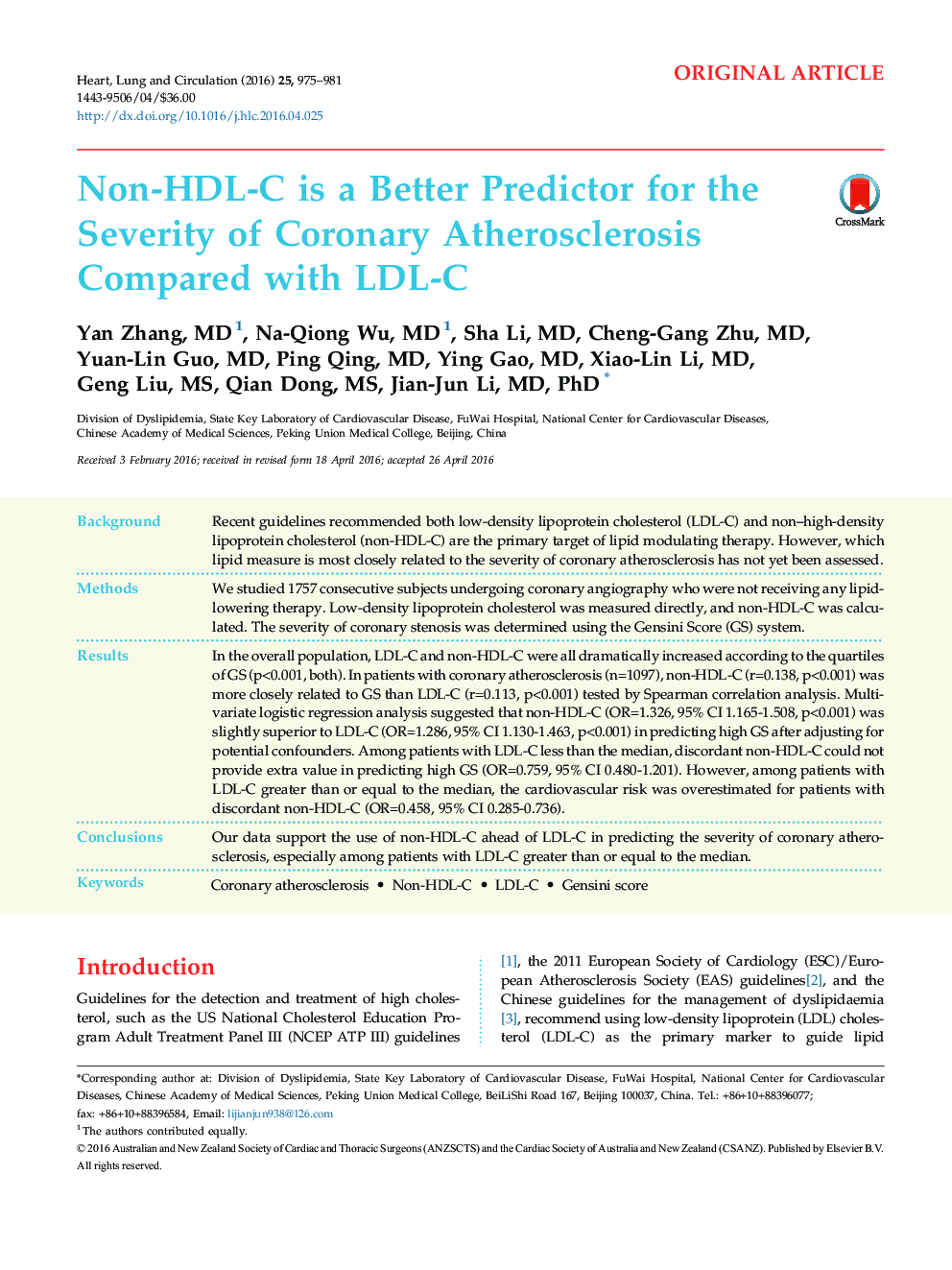 Non-HDL-C is a Better Predictor for the Severity of Coronary Atherosclerosis Compared with LDL-C