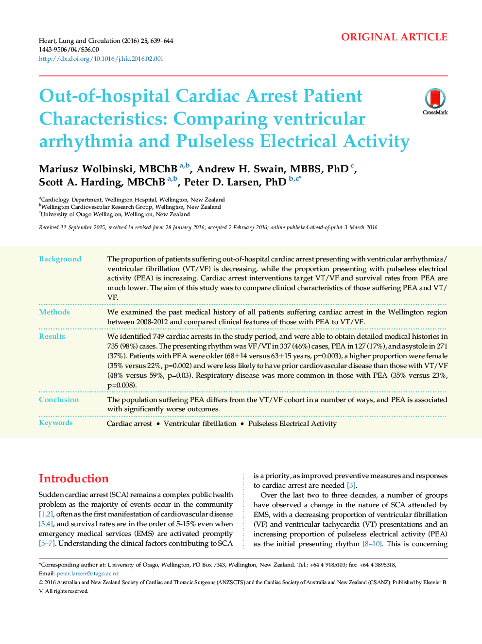 Out-of-hospital Cardiac Arrest Patient Characteristics: Comparing ventricular arrhythmia and Pulseless Electrical Activity