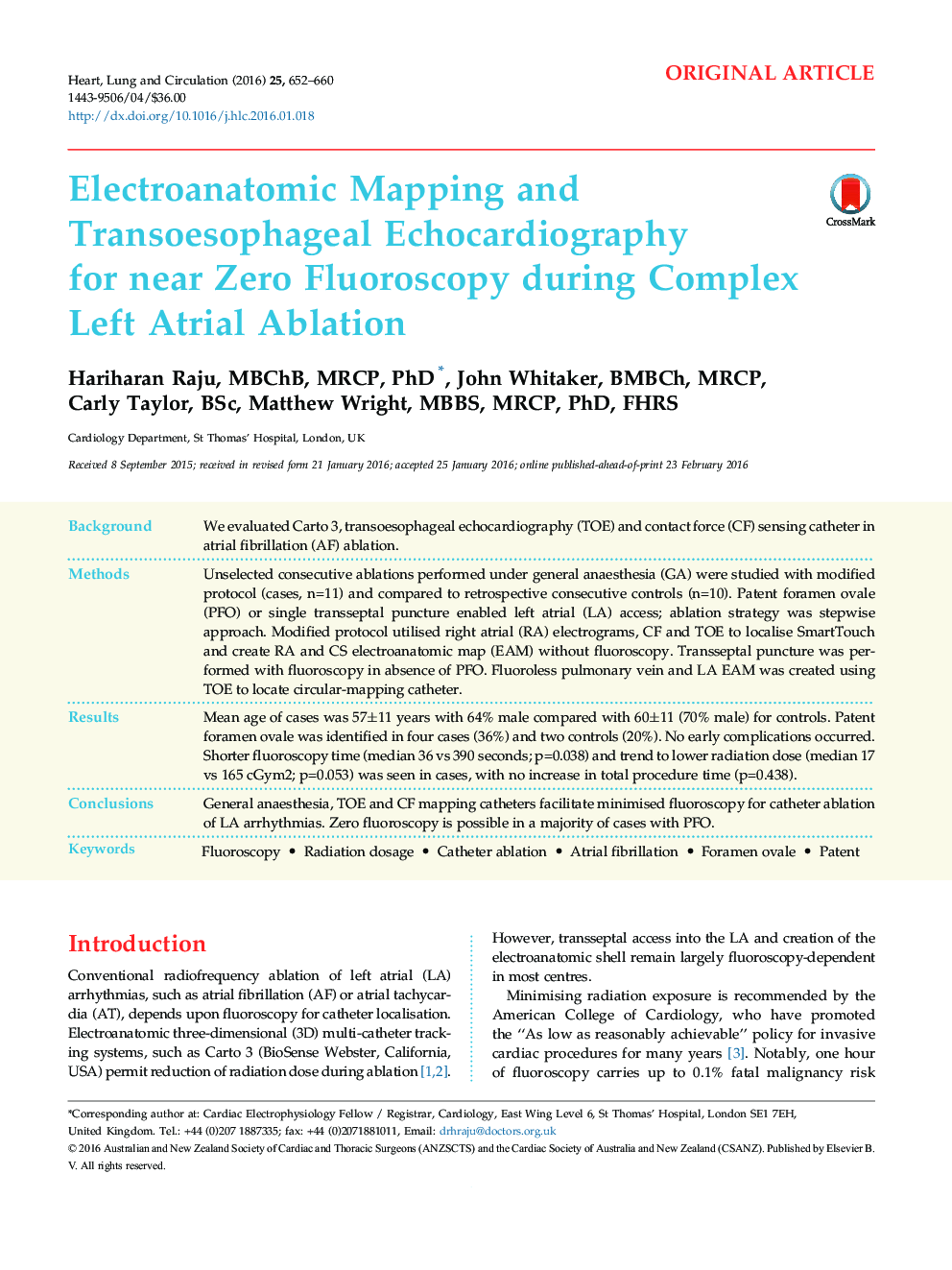 Electroanatomic Mapping and Transoesophageal Echocardiography for near Zero Fluoroscopy during Complex Left Atrial Ablation
