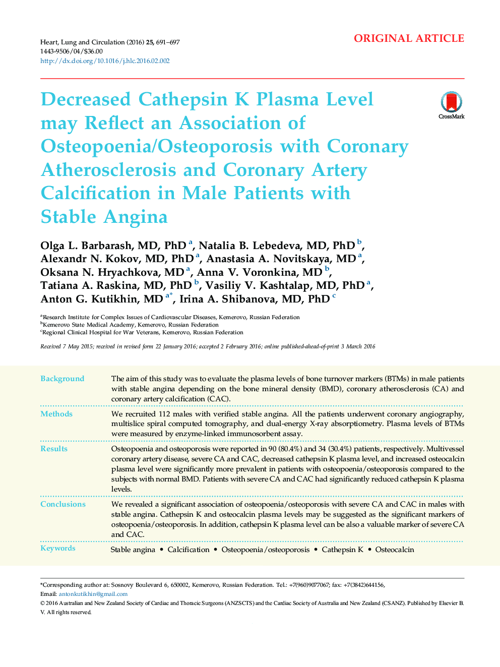 Decreased Cathepsin K Plasma Level may Reflect an Association of Osteopoenia/Osteoporosis with Coronary Atherosclerosis and Coronary Artery Calcification in Male Patients with Stable Angina