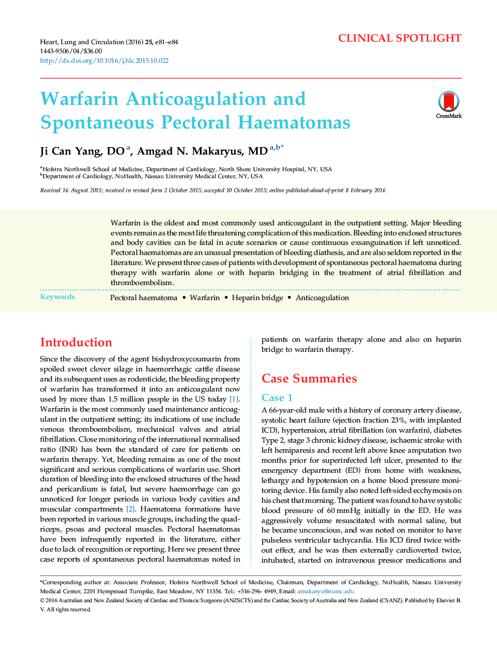 Warfarin Anticoagulation and Spontaneous Pectoral Haematomas