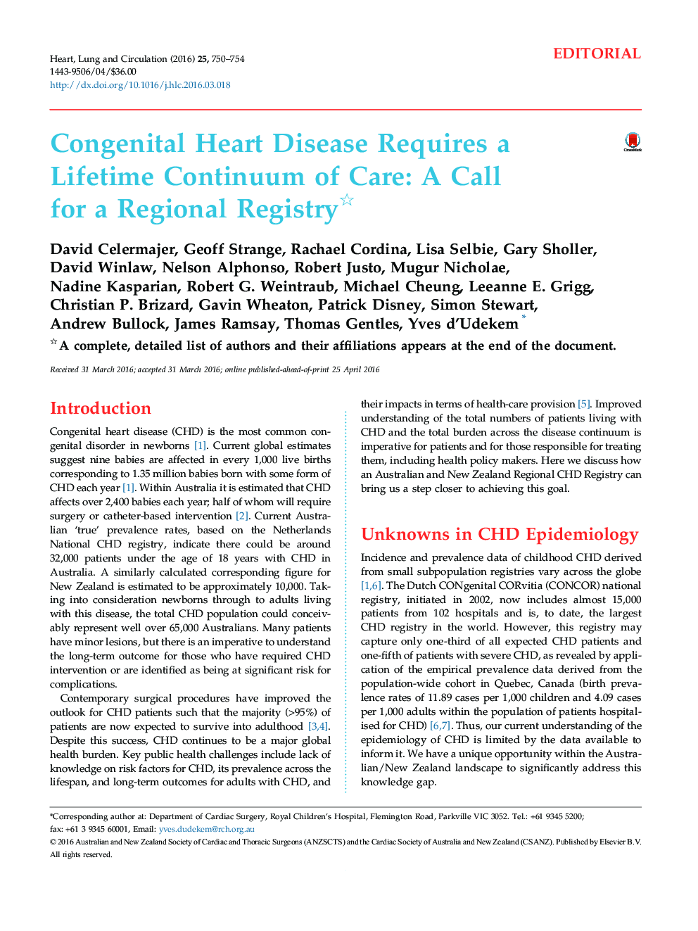Congenital Heart Disease Requires a Lifetime Continuum of Care: A Call for a Regional Registry