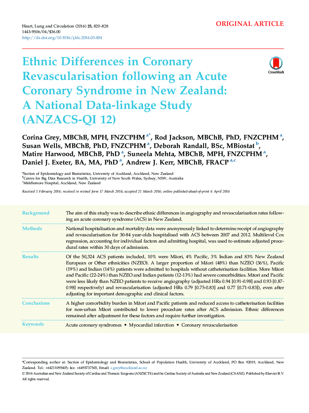 Ethnic Differences in Coronary Revascularisation following an Acute Coronary Syndrome in New Zealand: A National Data-linkage Study (ANZACS-QI 12)