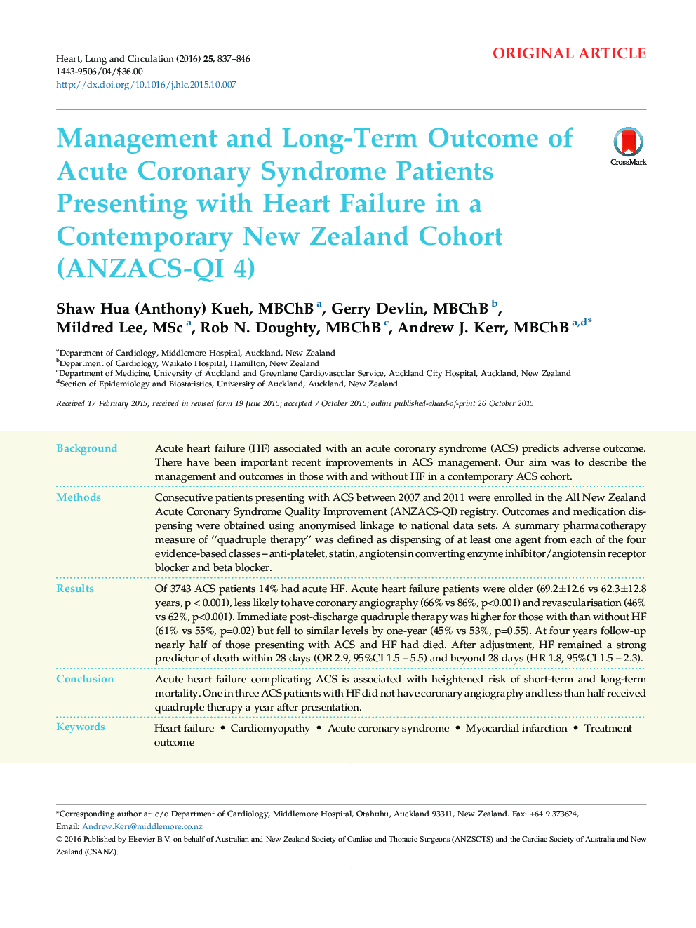 Management and Long-Term Outcome of Acute Coronary Syndrome Patients Presenting with Heart Failure in a Contemporary New Zealand Cohort (ANZACS-QI 4)