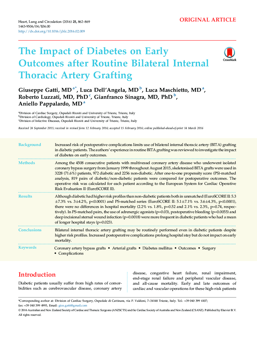 The Impact of Diabetes on Early Outcomes after Routine Bilateral Internal Thoracic Artery Grafting