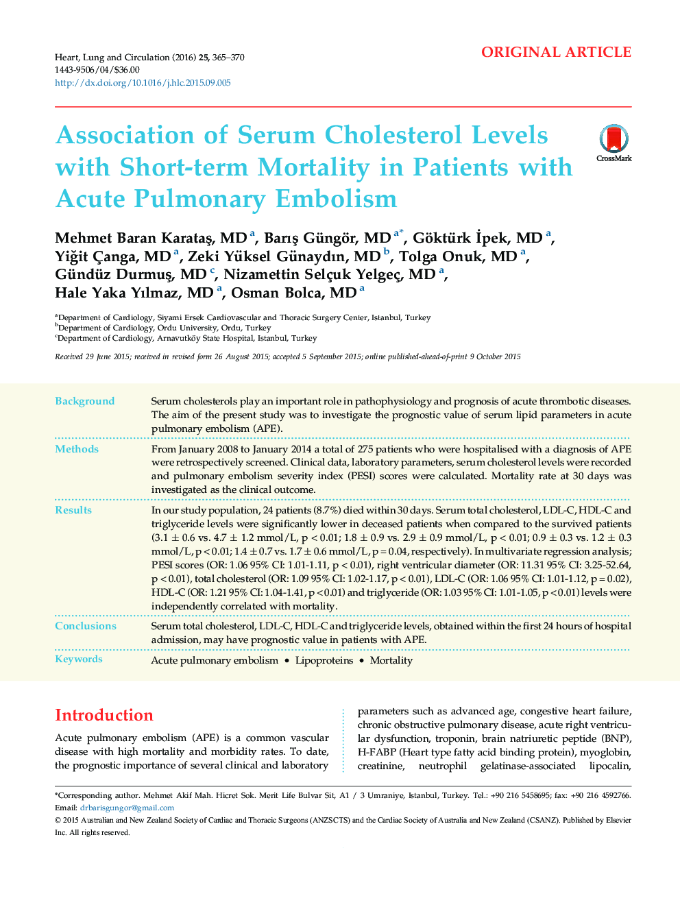 Association of Serum Cholesterol Levels with Short-term Mortality in Patients with Acute Pulmonary Embolism