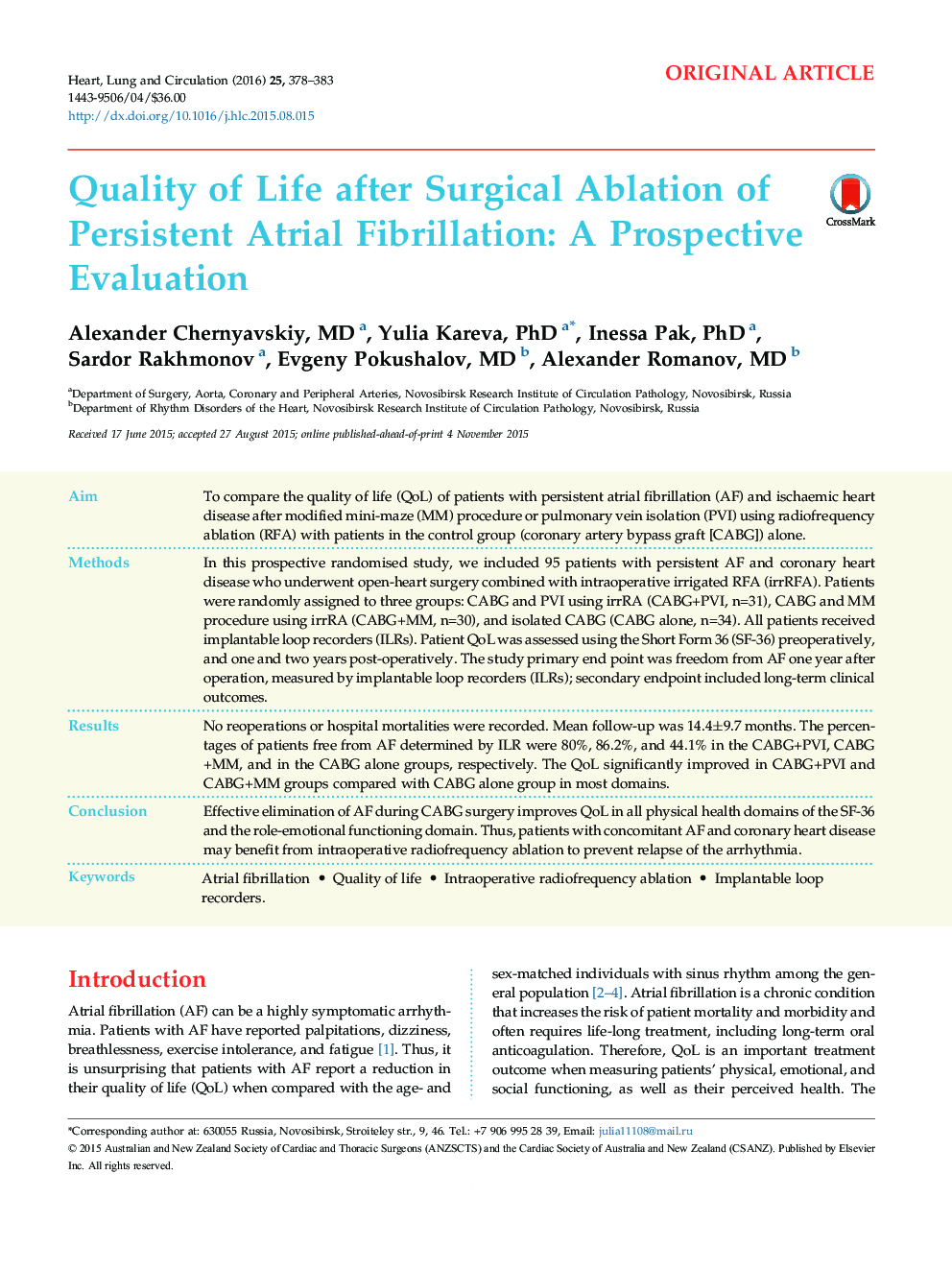 Quality of Life after Surgical Ablation of Persistent Atrial Fibrillation: A Prospective Evaluation