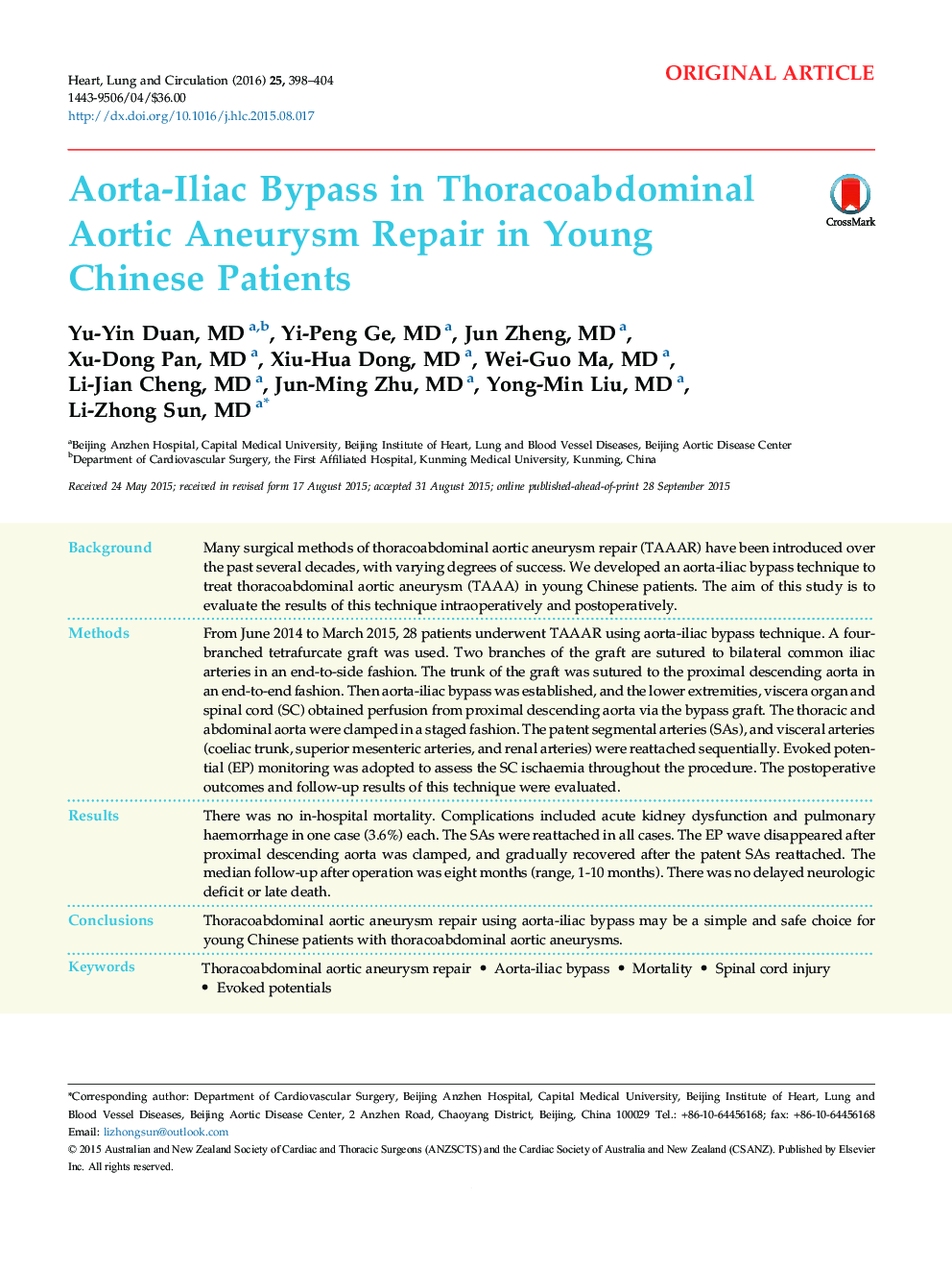 Aorta-Iliac Bypass in Thoracoabdominal Aortic Aneurysm Repair in Young Chinese Patients