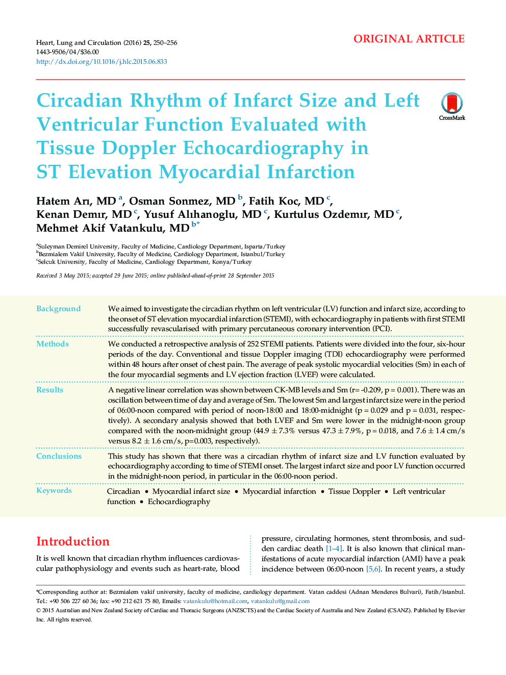 Circadian Rhythm of Infarct Size and Left Ventricular Function Evaluated with Tissue Doppler Echocardiography in ST Elevation Myocardial Infarction