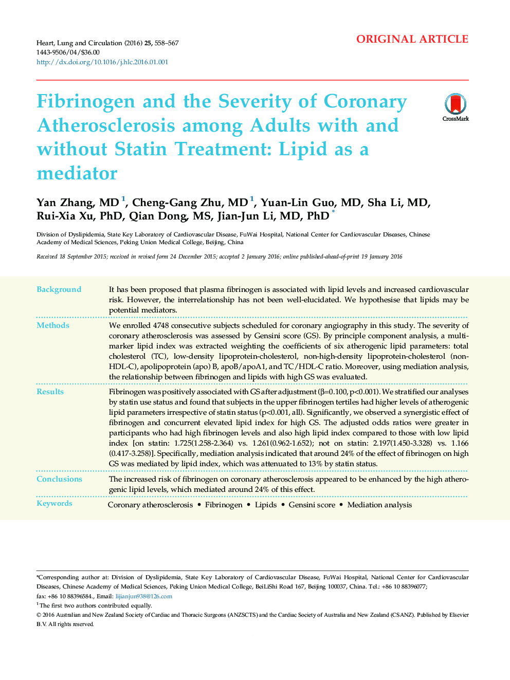 Fibrinogen and the Severity of Coronary Atherosclerosis among Adults with and without Statin Treatment: Lipid as a mediator