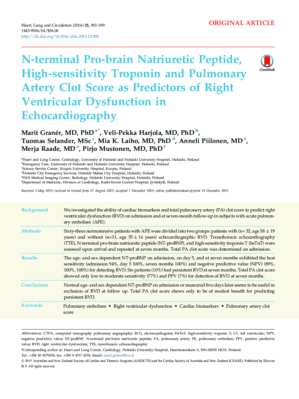 N-terminal Pro-brain Natriuretic Peptide, High-sensitivity Troponin and Pulmonary Artery Clot Score as Predictors of Right Ventricular Dysfunction in Echocardiography