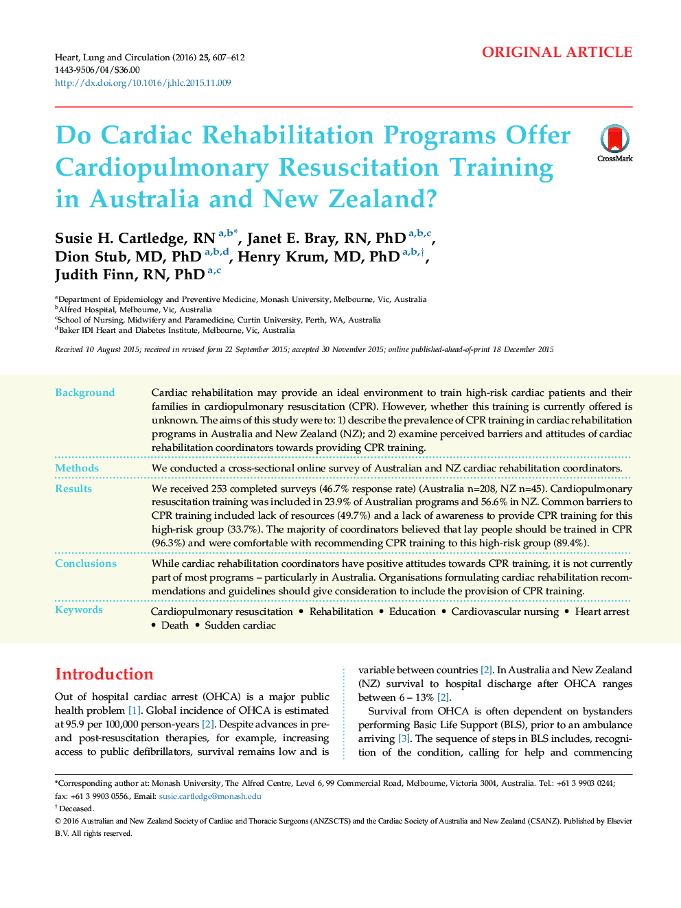 Do Cardiac Rehabilitation Programs Offer Cardiopulmonary Resuscitation Training in Australia and New Zealand?