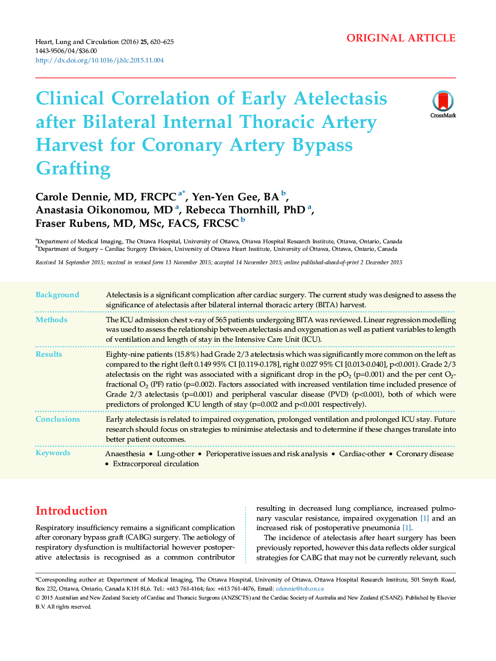 Clinical Correlation of Early Atelectasis after Bilateral Internal Thoracic Artery Harvest for Coronary Artery Bypass Grafting