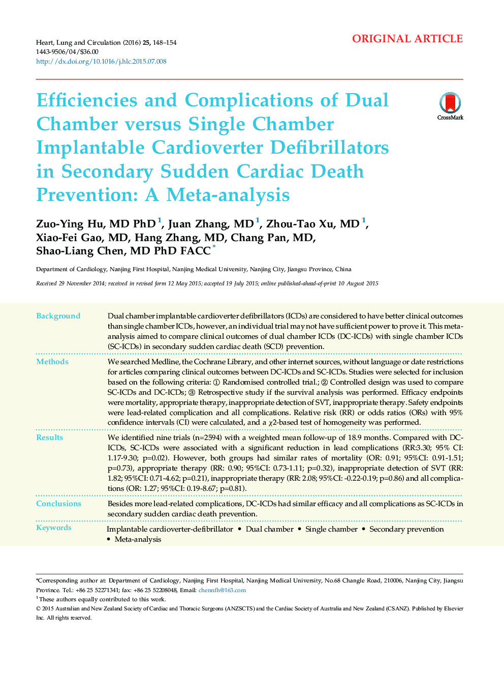 Efficiencies and Complications of Dual Chamber versus Single Chamber Implantable Cardioverter Defibrillators in Secondary Sudden Cardiac Death Prevention: A Meta-analysis