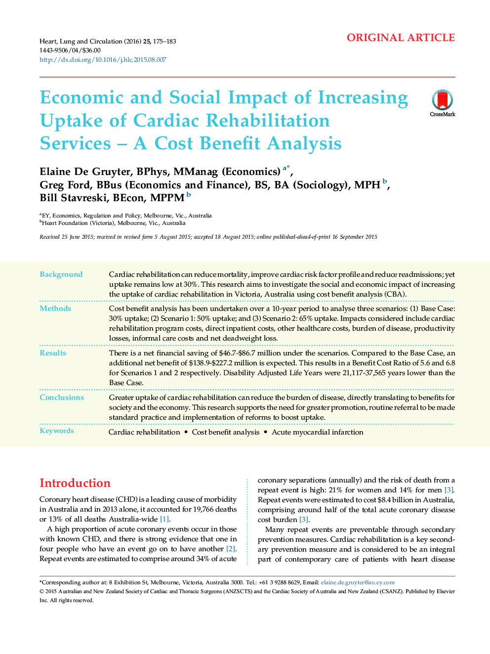 Economic and Social Impact of Increasing Uptake of Cardiac Rehabilitation Services – A Cost Benefit Analysis