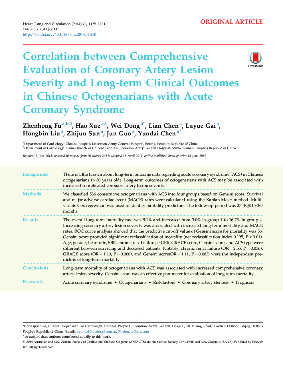 Correlation between Comprehensive Evaluation of Coronary Artery Lesion Severity and Long-term Clinical Outcomes in Chinese Octogenarians with Acute Coronary Syndrome