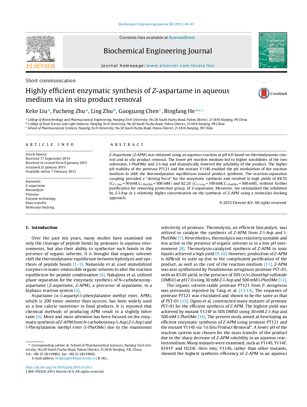 Highly efficient enzymatic synthesis of Z-aspartame in aqueous medium via in situ product removal