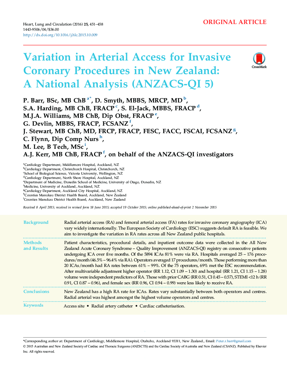 Variation in Arterial Access for Invasive Coronary Procedures in New Zealand: A National Analysis (ANZACS-QI 5)