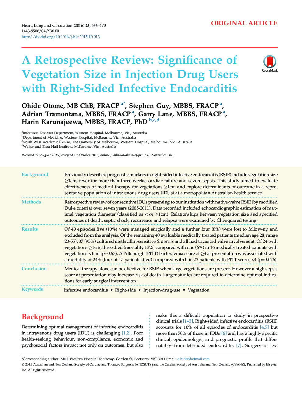 A Retrospective Review: Significance of Vegetation Size in Injection Drug Users with Right-Sided Infective Endocarditis