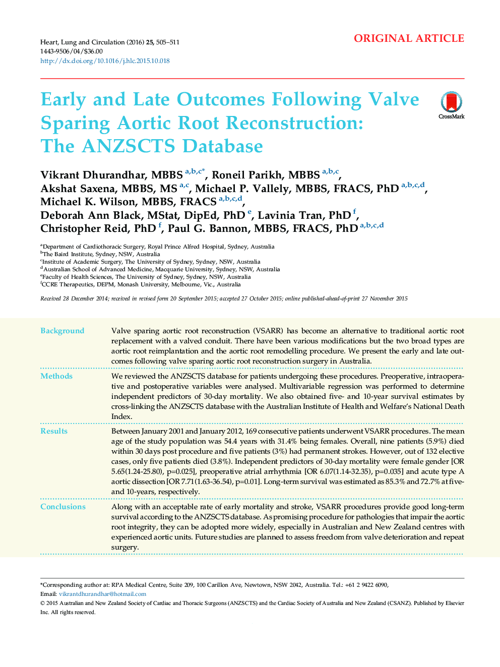 Early and Late Outcomes Following Valve Sparing Aortic Root Reconstruction: The ANZSCTS Database