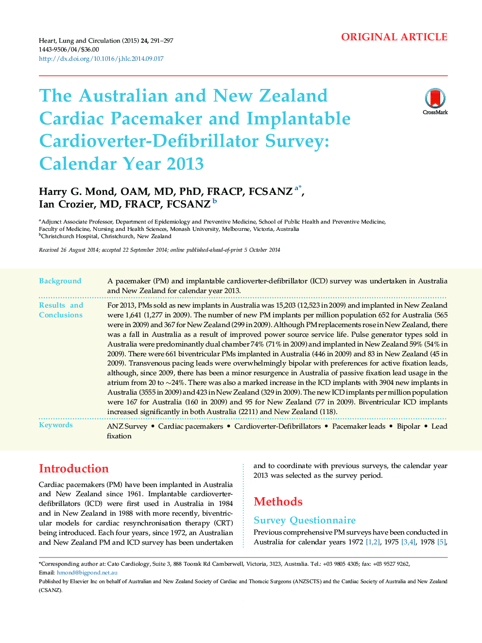 The Australian and New Zealand Cardiac Pacemaker and Implantable Cardioverter-Defibrillator Survey: Calendar Year 2013