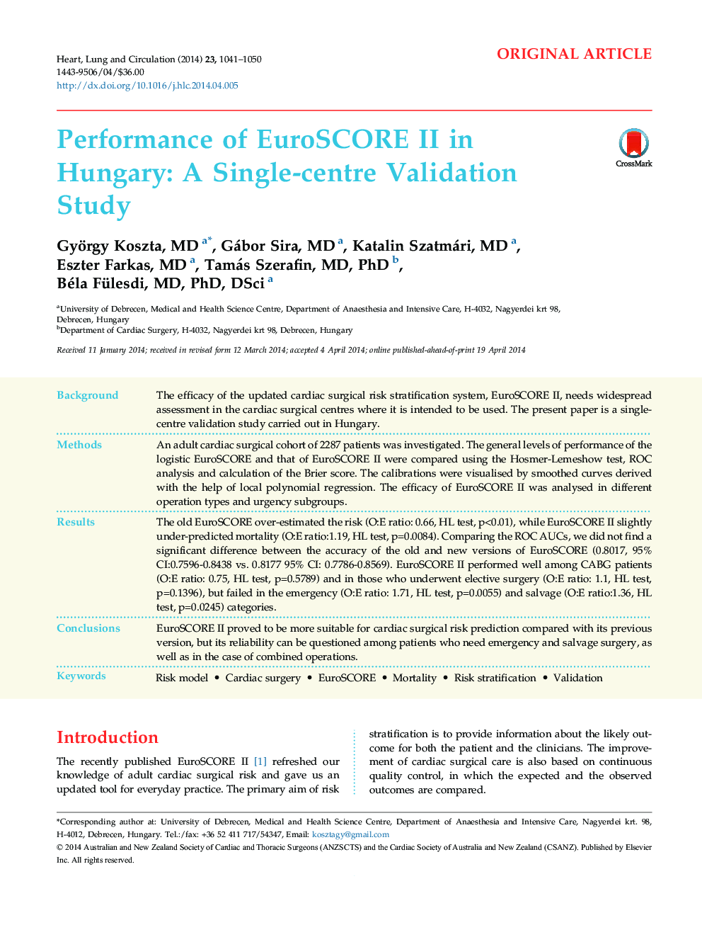 Performance of EuroSCORE II in Hungary: A Single-centre Validation Study