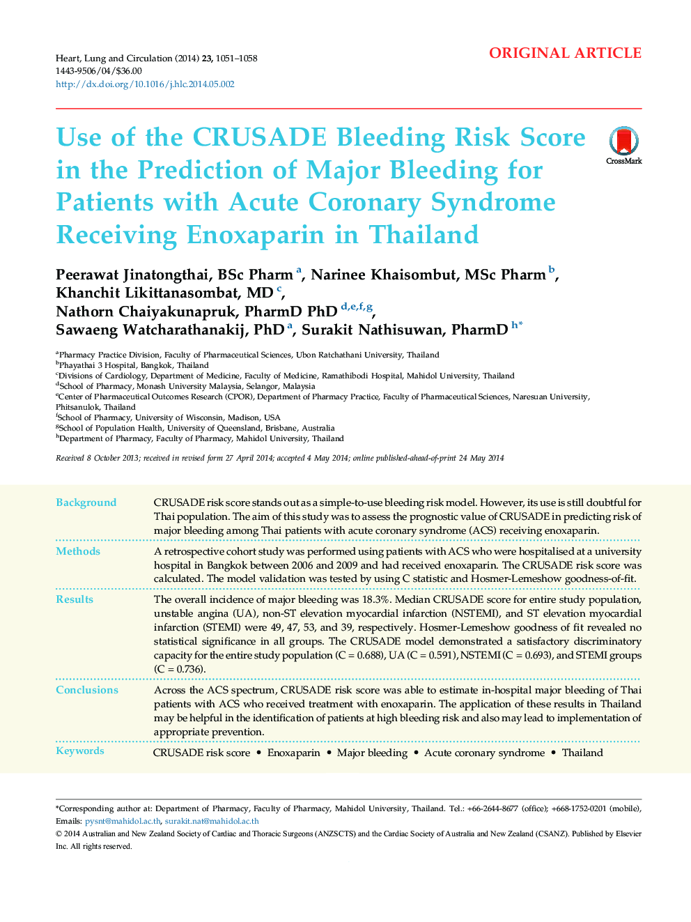 Use of the CRUSADE Bleeding Risk Score in the Prediction of Major Bleeding for Patients with Acute Coronary Syndrome Receiving Enoxaparin in Thailand