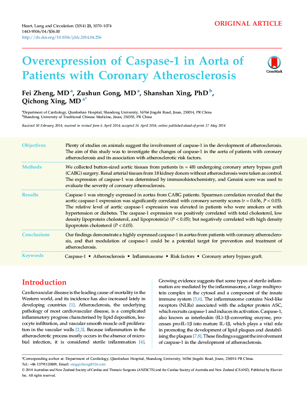 Overexpression of Caspase-1 in Aorta of Patients with Coronary Atherosclerosis