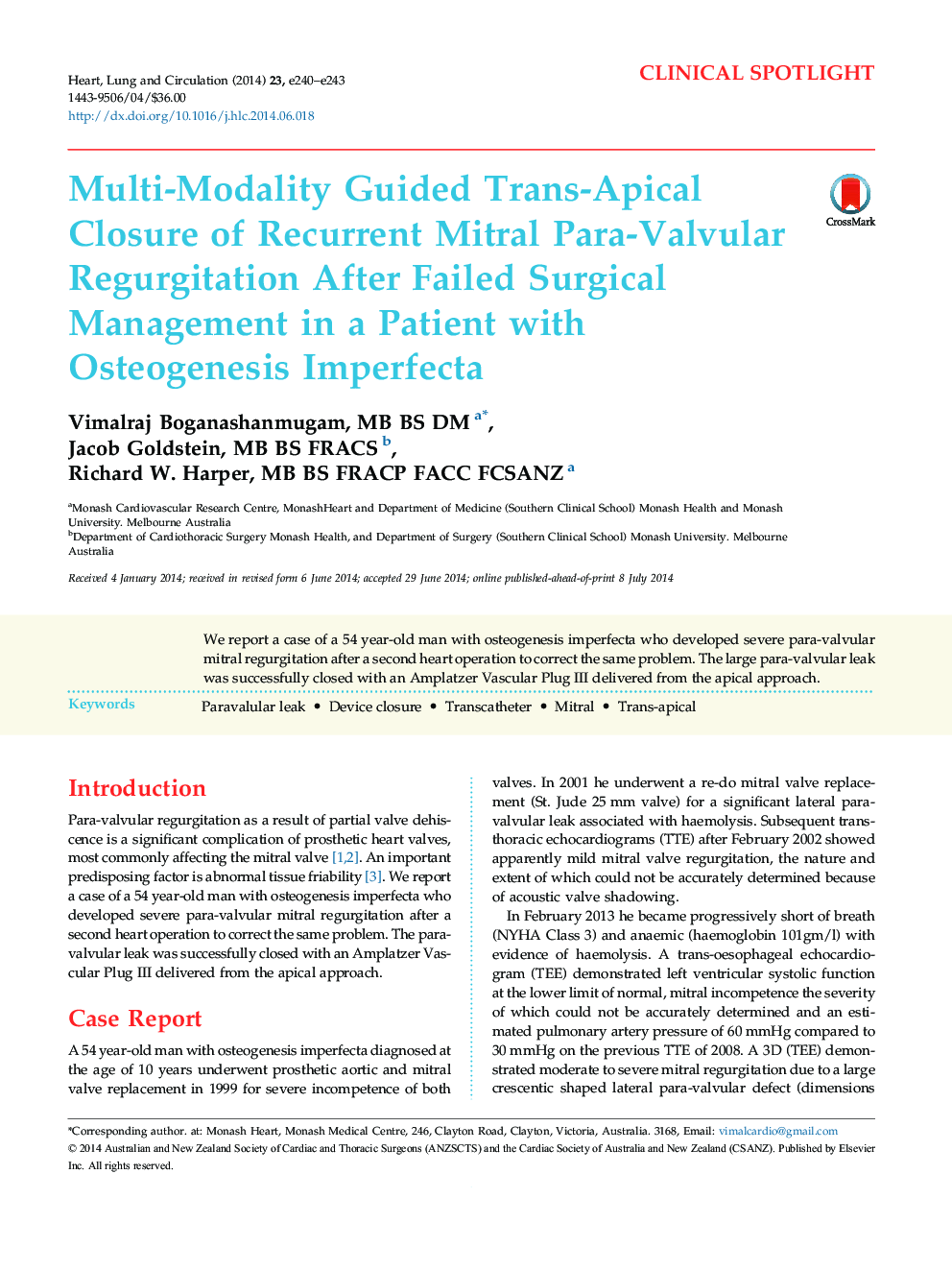 Multi-Modality Guided Trans-Apical Closure of Recurrent Mitral Para-Valvular Regurgitation After Failed Surgical Management in a Patient with Osteogenesis Imperfecta