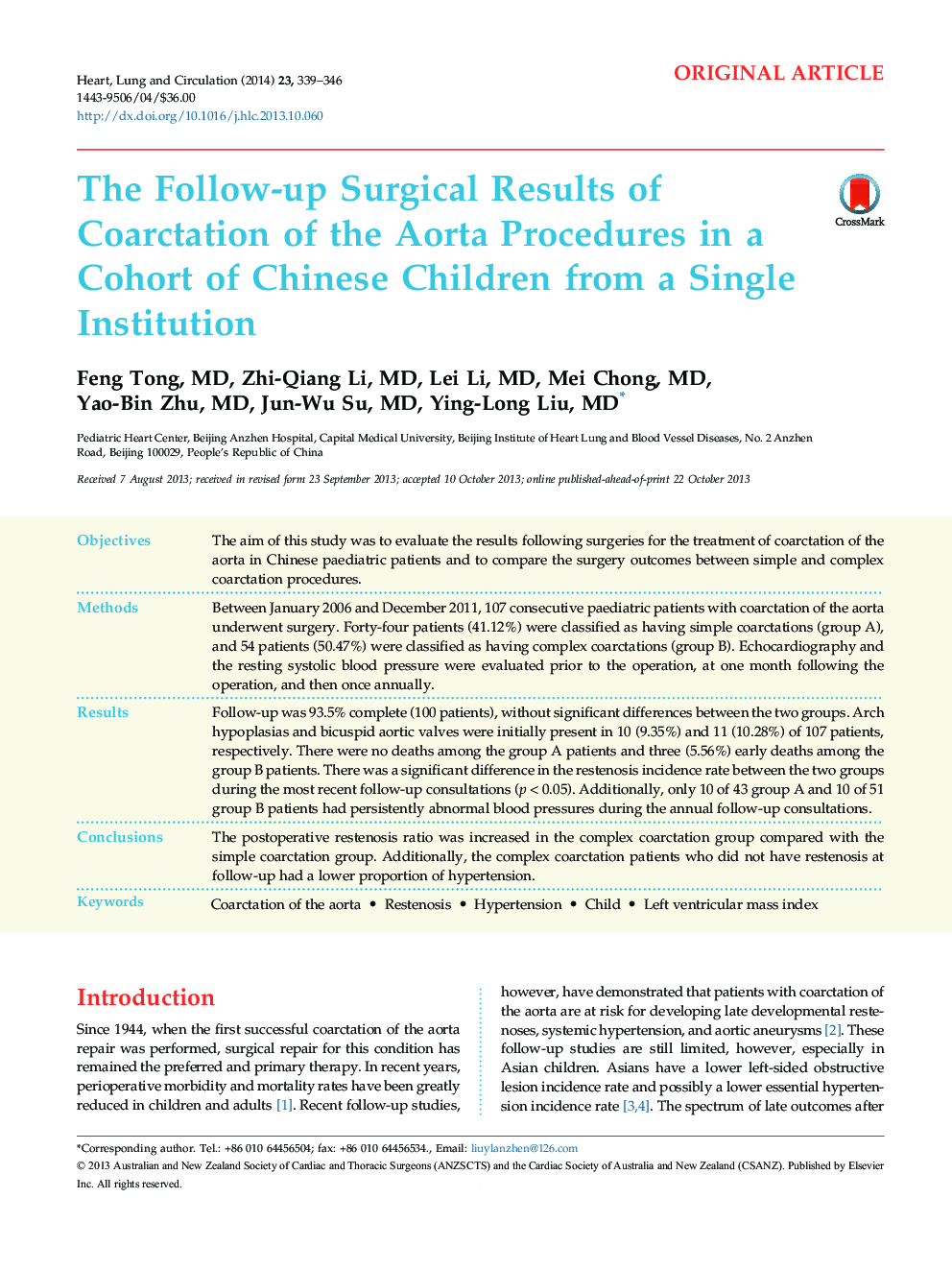 The Follow-up Surgical Results of Coarctation of the Aorta Procedures in a Cohort of Chinese Children from a Single Institution