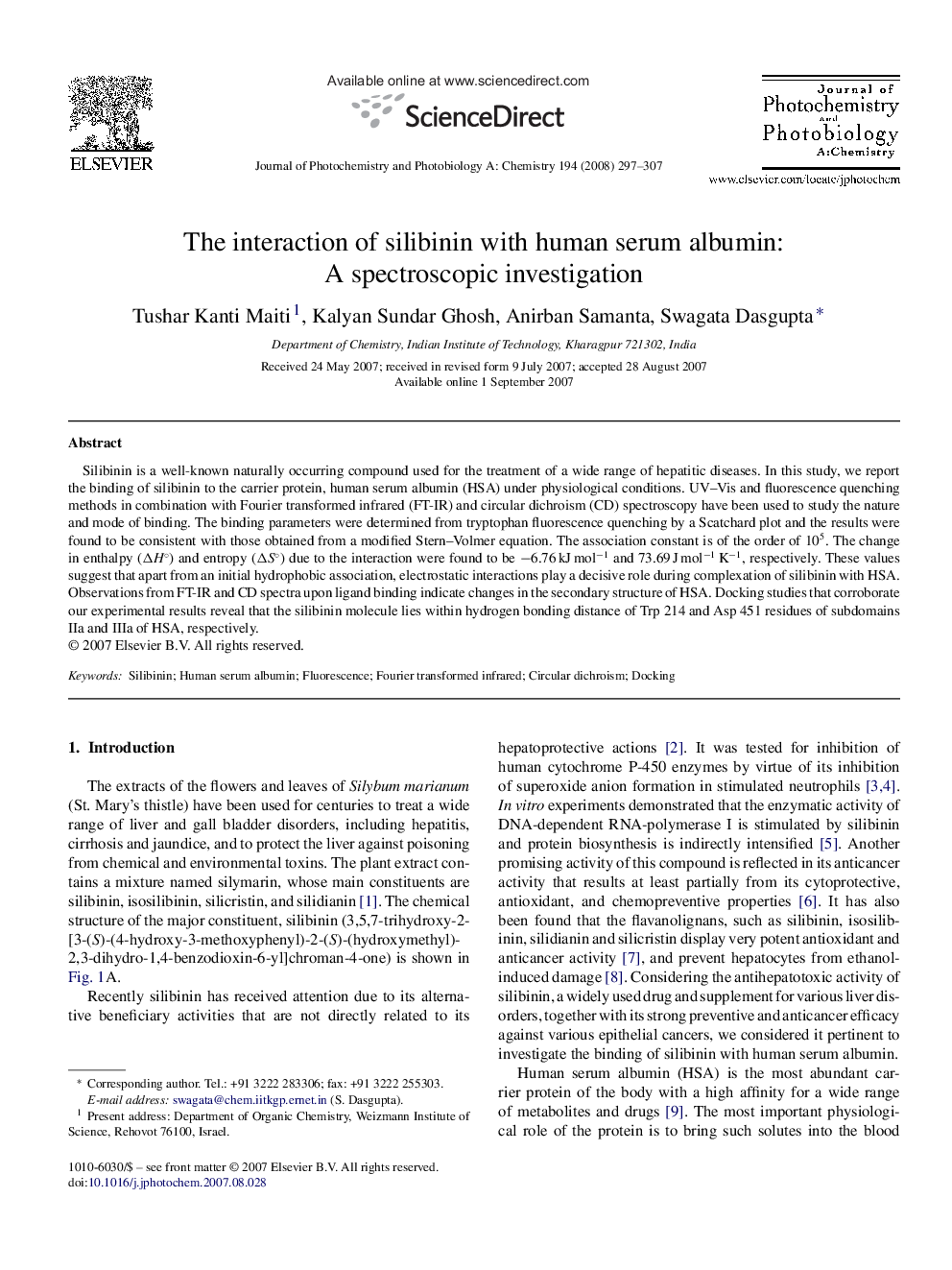 The interaction of silibinin with human serum albumin: A spectroscopic investigation