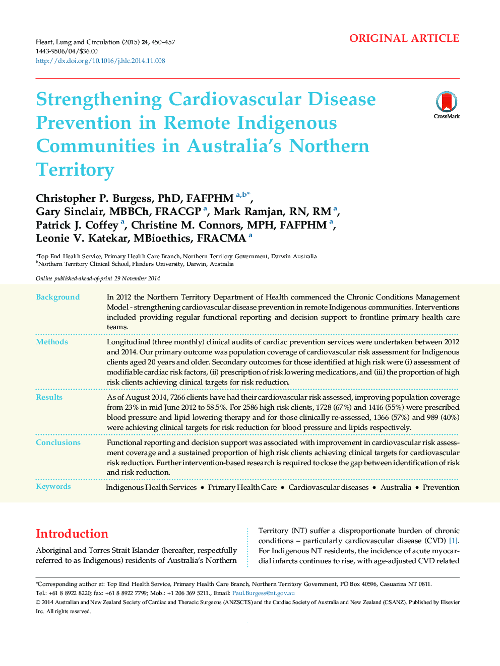 Strengthening Cardiovascular Disease Prevention in Remote Indigenous Communities in Australia's Northern Territory