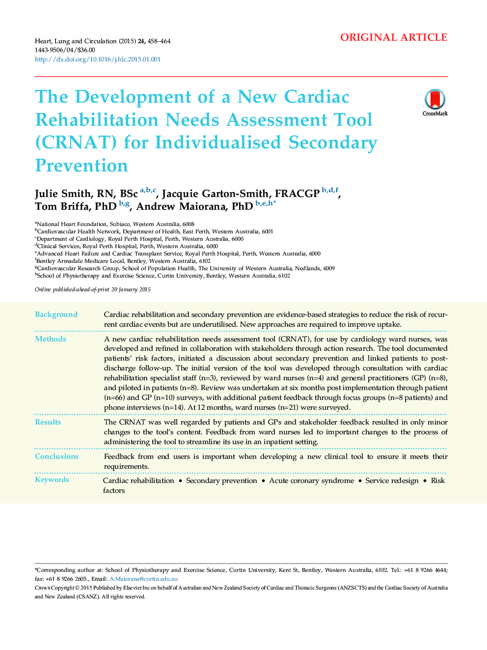 The Development of a New Cardiac Rehabilitation Needs Assessment Tool (CRNAT) for Individualised Secondary Prevention