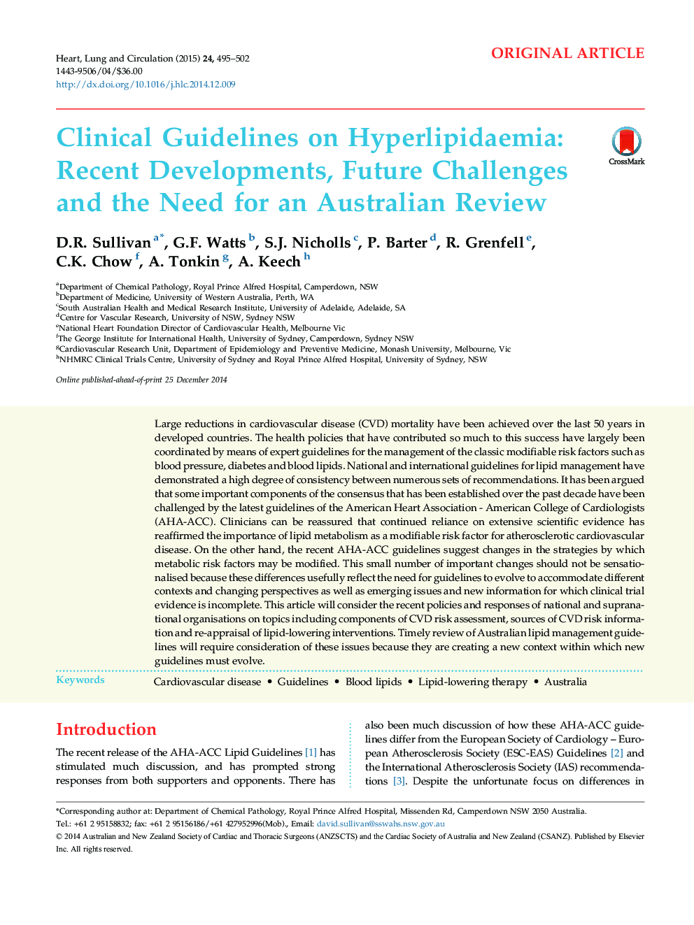 Clinical Guidelines on Hyperlipidaemia: Recent Developments, Future Challenges and the Need for an Australian Review