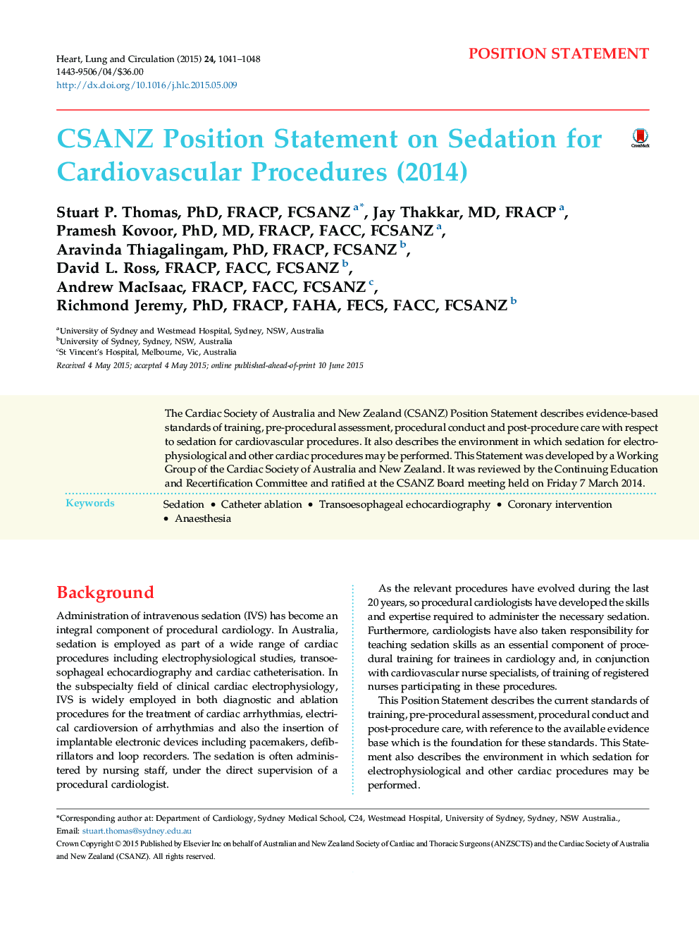 CSANZ Position Statement on Sedation for Cardiovascular Procedures (2014)