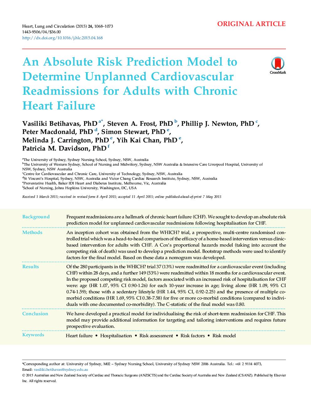 An Absolute Risk Prediction Model to Determine Unplanned Cardiovascular Readmissions for Adults with Chronic Heart Failure